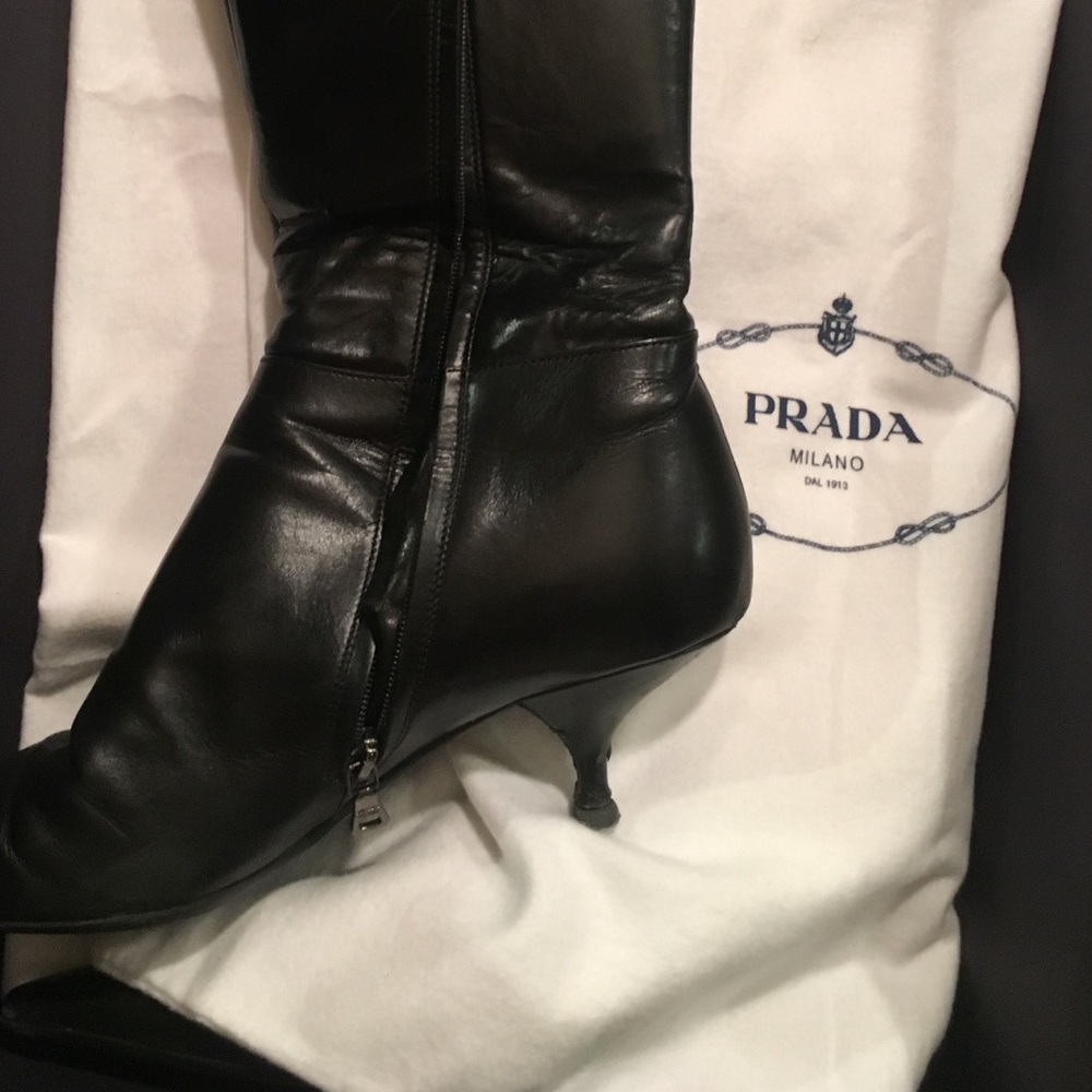 Prada black leather high heel boots with buckle